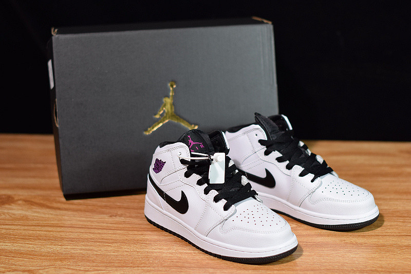 AIR JORDAN 1 MID WHITE BLACK FUCHSIA BLAST (GS) 555112-138